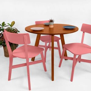 Conjunto Mesa de Jantar Origami 3 Lugares Redondo Mel com 3 Cadeiras Botões Rosa!