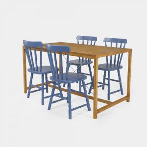 Conjunto Mesa de Jantar Loft 4 Lugares Mascavo com 4 Cadeiras Brasileiras Azuis!